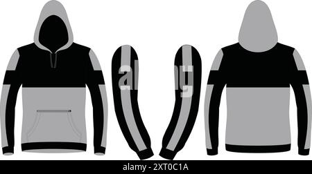 Set of black and white hooded sweatshirts Vectors illustrations front and back view Stock Vector