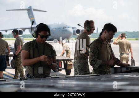 U.S. Air Force Airmen from the 437th Aircraft Maintenance Squadron unload pallets from a returning C-17 Globemaster III cargo aircraft after Tropical Storm Debby at Joint Base Charleston, South Carolina, Aug. 9, 2024. Crew members maintain the relocated C-17s with the necessary equipment needed for the success of JB Charleston’s rapid global mobility mission. (U.S. Air Force photo by Airman Nahaku Takahashi) Stock Photo