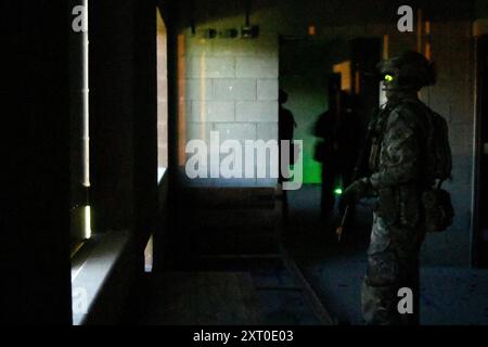 British Army reservists from the 3rd Battalion, Royal Anglian Regiment, known as “The Steelbacks,” conduct a simulated company-level urban operations night attack during Exercise Northern Strike 24-2 at the Combined Armed Collective Training Facility, Camp Grayling, Michigan, Aug. 12, 2024. Northern Strike 24-2, one of the Department of Defense's largest reserve component readiness exercises, is scheduled to take place at Michigan's National All Domain Warfighting Center (NADWC) from August 3-17, 2024. Over 6,300 participants from 32 states and territories and several international participant Stock Photo