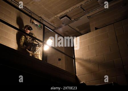 British Army reservists from the 3rd Battalion, Royal Anglian Regiment, known as “The Steelbacks,” conduct a simulated company-level urban operations night attack during Exercise Northern Strike 24-2 at the Combined Armed Collective Training Facility, Camp Grayling, Michigan, Aug. 12, 2024. Northern Strike 24-2, one of the Department of Defense's largest reserve component readiness exercises, is scheduled to take place at Michigan's National All Domain Warfighting Center (NADWC) from August 3-17, 2024. Over 6,300 participants from 32 states and territories and several international participant Stock Photo