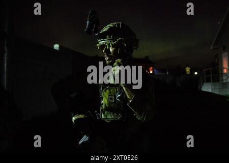 British Army reservists from the 3rd Battalion, Royal Anglian Regiment, known as “The Steelbacks,” conduct a simulated company-level urban operations night attack during Exercise Northern Strike 24-2 at the Combined Armed Collective Training Facility, Camp Grayling, Michigan, Aug. 12, 2024. Northern Strike 24-2, one of the Department of Defense's largest reserve component readiness exercises, is scheduled to take place at Michigan's National All Domain Warfighting Center (NADWC) from August 3-17, 2024. Over 6,300 participants from 32 states and territories and several international participant Stock Photo