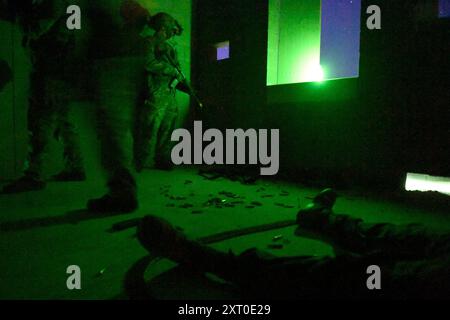 British Army reservists from the 3rd Battalion, Royal Anglian Regiment, known as “The Steelbacks,” conduct a simulated company-level urban operations night attack during Exercise Northern Strike 24-2 at the Combined Armed Collective Training Facility, Camp Grayling, Michigan, Aug. 12, 2024. Northern Strike 24-2, one of the Department of Defense's largest reserve component readiness exercises, is scheduled to take place at Michigan's National All Domain Warfighting Center (NADWC) from August 3-17, 2024. Over 6,300 participants from 32 states and territories and several international participant Stock Photo