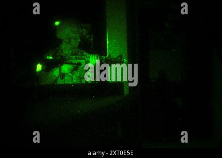 British Army reservists from the 3rd Battalion, Royal Anglian Regiment, known as “The Steelbacks,” conduct simulated urban operations and night attack during Exercise Northern Strike 24-2 at the Combined Armed Collective Training Facility, Camp Grayling, Michigan, Aug. 12, 2024. Northern Strike 24-2, one of the Department of Defense's largest reserve component readiness exercises, is scheduled to take place at Michigan's National All Domain Warfighting Center (NADWC) from August 3-17, 2024. Over 6,300 participants from 32 states and territories and several international participants will conve Stock Photo