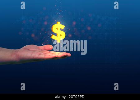 Close-up of a business man hand holding a dollar sign light on blue background. A hand holding an American dollar sign symbol in the palm of their lef Stock Photo