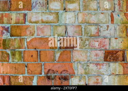 Mossy Old Crumbling Broken Red Brick Wall Texture Background Closeup Stock Photo