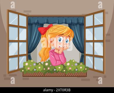 A girl with a red bow daydreaming Stock Vector