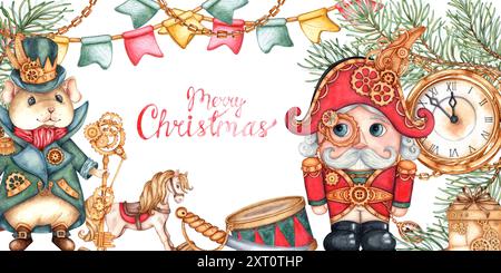 Nutcracker and Mouse King in steampunk style with fir branches, rocking horse, drum, saber and gold watch, gift watercolor illustration. Festive poste Stock Photo