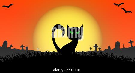 spooky cat in front of a full moon with grave stones and other scary illustrated elements for Halloween background layouts Stock Vector