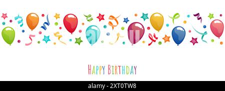 eps vector illustration file banner with birthday greetings with balloons, streamers, confetti and stars for birthday and party time concepts Stock Vector