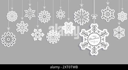 eps vector panorama banner with different hanging snow stars colored white in front of colored background for christmas concepts with copy space Stock Vector