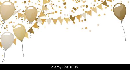 EPS 10 vector illustration of seamless golden colored happy garlands, balloons and confetti on white background for sylvester or wedding usage Stock Vector