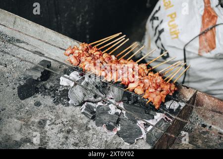 The process of making Indonesian chicken satay in traditional way using ...