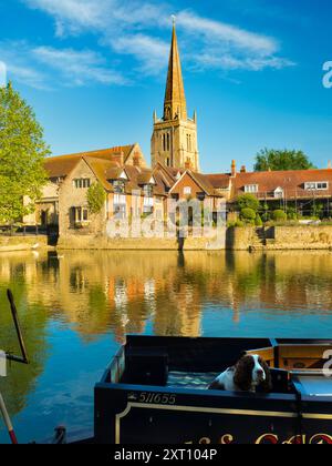 A fine view of the Thames at Abingdon, early on a summer morning. We're on the south bank of the river, looking across to the Anglo Saxon church of St Helens that the wharf is named after, past a moored houseboat  and curious spaniel in the foreground. Stock Photo