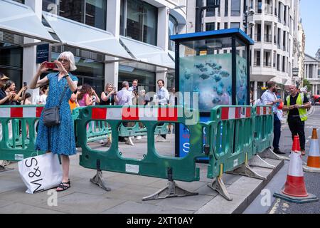 A woman stands in front of a piece of art and takes a selfie on her mobile phone. Members of the public take photographs and selfies in front of the Banksy's seventh animal artwork mural. Over a weekend in August 2024, in complete secrecy the artist transformed a City of London police box into fish tank. This was one of eight pieces of street art to appear in London during August 2024. Banksy's other artworks to emerge include paintings of goats, elephants, monkeys, rhinos, cats, pelicans and a lone wolf. (Photo by James Willoughby/SOPA Images/Sipa USA) Stock Photo