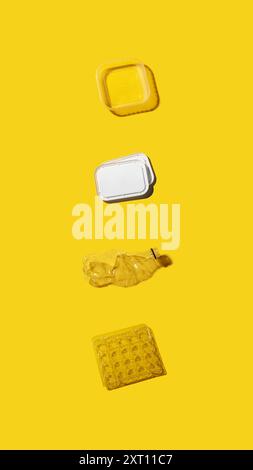 An assortment of packaging types including a plastic container, a crushed bottle and egg carton on a yellow background, suggesting recycling themes. Stock Photo