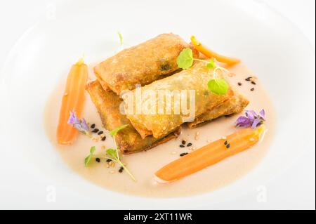 Delicious fried spring rolls served on a sleek white plate, accompanied by smooth carrot puree and a light, creamy sauce. Each roll is garnished with Stock Photo