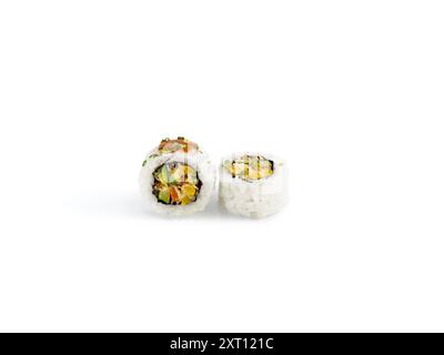 Close-up image of two sushi rolls isolated on a white background, showcasing vibrant vegetable fillings and garnished with sesame seeds Stock Photo
