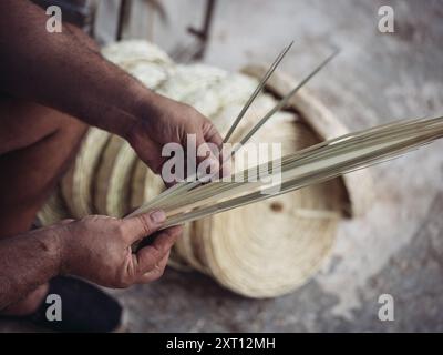 Close-up of hands skillfully handling palmito strips for crafting a handmade basket, showcasing the art of traditional weaving Stock Photo