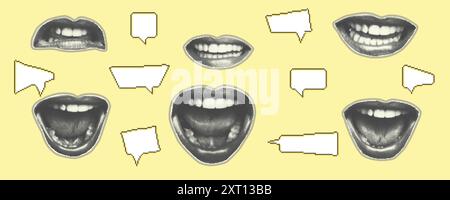 Set of eyes, lips, ear in halftone style. Retro magazine cut out clippings. Punk y2k collage isolated sticker elements. Mouth and tongue on yellow Stock Vector