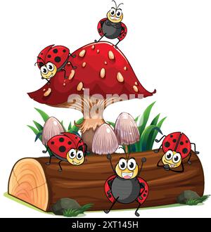 Cheerful ladybugs gathered on a mushroom and log Stock Vector