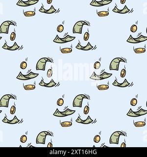 Seamless pattern with icons of falling money, banknotes, dollars, coins. Illustration related to business, finance Stock Vector