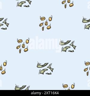 Seamless pattern for wrapping paper with icons of flying money, bills, coins. Illustration related to business, finance Stock Vector