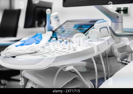 Modern Medical Ultrasonography Control Panel with different Tranducers to Diagnose Patient Stock Photo