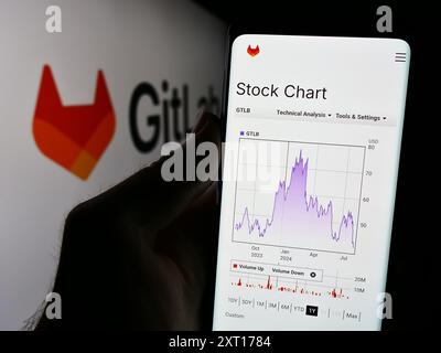 Person holding cellphone with website of US open-source software company GitLab Inc. in front of logo. Focus on center of phone display. Stock Photo