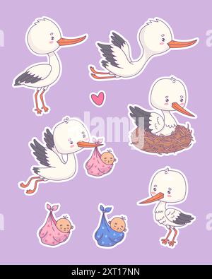 Cute white stork with baby stickers. Isolated funny cartoon kawaii bird character in nest, flying and newborn boy and girl. Vector illustration. Kids Stock Vector