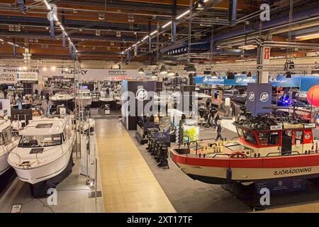 Pasila, Helsinki, Finland – February 14, 2024: Inside overview of exhibition hall at Vene – Båt (Boat) 2024 fair at Messukeskus Helsinki. Stock Photo