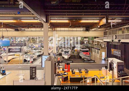 Pasila, Helsinki, Finland – February 14, 2024: Inside overview of exhibition hall at Vene – Båt (Boat) 2024 fair at Messukeskus Helsinki. Stock Photo