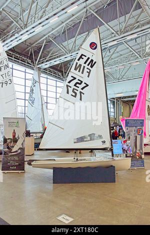 Pasila, Helsinki, Finland – February 14, 2024:  E-jolla / Europe Class Finland racing sailboat on display at Vene – Båt (Boat) 2024 fair. Stock Photo