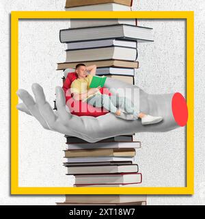 Creative art collage with books, man and woman's hand on white background Stock Photo