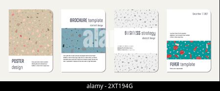 Note book cover design. Terrazzo abstract background made of natural stones, granite, quartz and marble. Venetian terrazzo texture note book template. Stock Vector