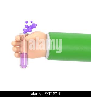 Cartoon Gesture Icon Mockup.Cartoon character hand in medical glove holding test tube.3D rendering on white background. Stock Photo