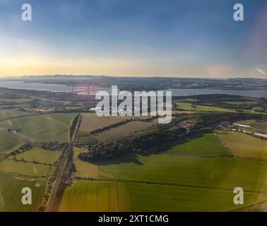 Firth of Forth and road and rail bridges, from the air. Stock Photo