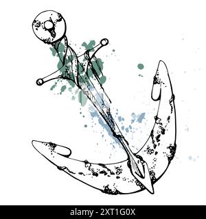Ship anchor splash shipwreck with algae, Marine life, sea ocean underwater, Ink and pen sketch hand drawn. Single object illustration stylized Stock Vector