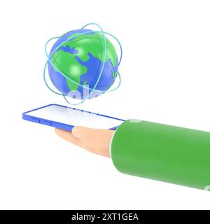 Flat 3d isometric businessman hand holding smartphone with world and global network. internet connection and global communication concept.3D rendering Stock Photo