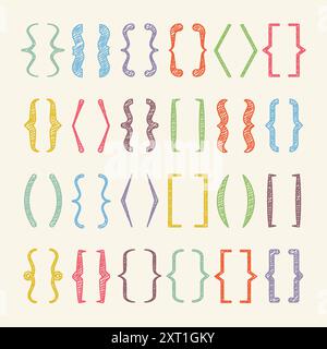 Shaded text brackets, colorful quotation box. Curly, square and corner parentheses. Vintage typographical symbol, calligraphic quote frame. Doodle Stock Vector