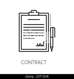 Contract line icon, depicts a simplified document with signature lines and pen. Isolated vector sign, symbolizing agreement, legal binding, and formal documentation in a minimalistic, stylized design Stock Vector