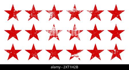 Red vintage stars with cracks and stains. Old hand-drawn sign, black simple shape. Retro design element with distressed effect, grunge texture. Vector Stock Vector