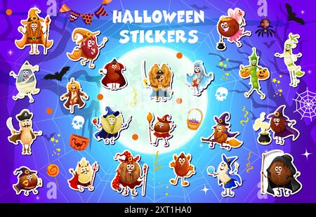 Halloween nuts and beans mages, wizards and sorcerers stickers pack. Vector cartoon walnut, peanut and almond, hazelnut, pistachio, coconut and cashew characters in witch and fairy Halloween costumes Stock Vector