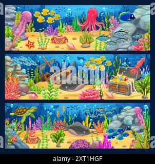 Cartoon underwater landscape banners. World oceans day, environment ...