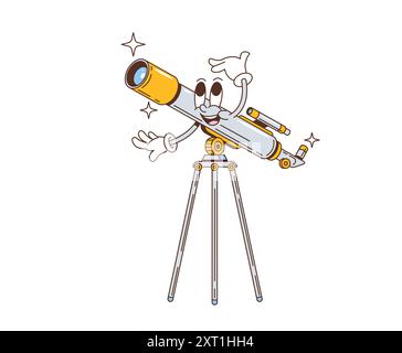 Cartoon groovy space telescope character. Isolated vector nostalgic retro glass personage with an expressive face, extends its eyepiece excitedly, exploring the cosmos and stargazing through its lens Stock Vector