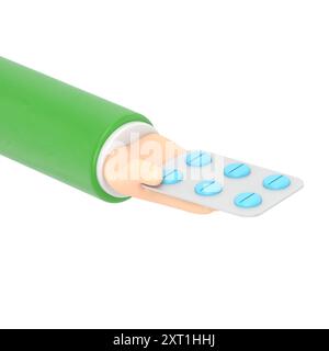 3d render. Pack of pills icon. Doctor or pharmacist cartoon hand with black skin holding drugs. Medical healthcare illustration.3D rendering on white Stock Photo