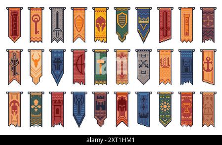 8 bit pixel art game medieval flags, banners and heraldic knight pennants, vector heraldry. Royal heraldic pennant flags with coat of arms and crest symbols of crossed swords on shield, key and crown Stock Vector