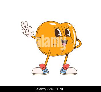 Cartoon groovy retro apricot fruit character with happy face, vector funky comic. Groovy apricot with funny smile and peace gesture, kids groovy fruit emoji character in 70s retro hippie art Stock Vector