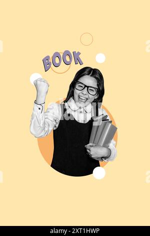 Vertical photo collage of happy nerd schoolgirl hold diary receive ...