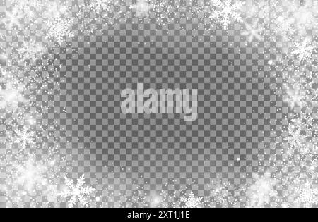 Realistic Christmas snowfall snowflakes overlay frame on transparent background. Isolated vector snow flakes oval border with falling snow and steam. Xmas magic window, white winter snowstorm texture Stock Vector