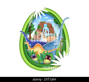 Paper cut dino egg with funny dinosaurs or Jurassic lizards in jungles park, cartoon vector. Kids prehistoric dinosaurs banner with cute baby dino hatching from egg of titanosauria or apatosaurus Stock Vector